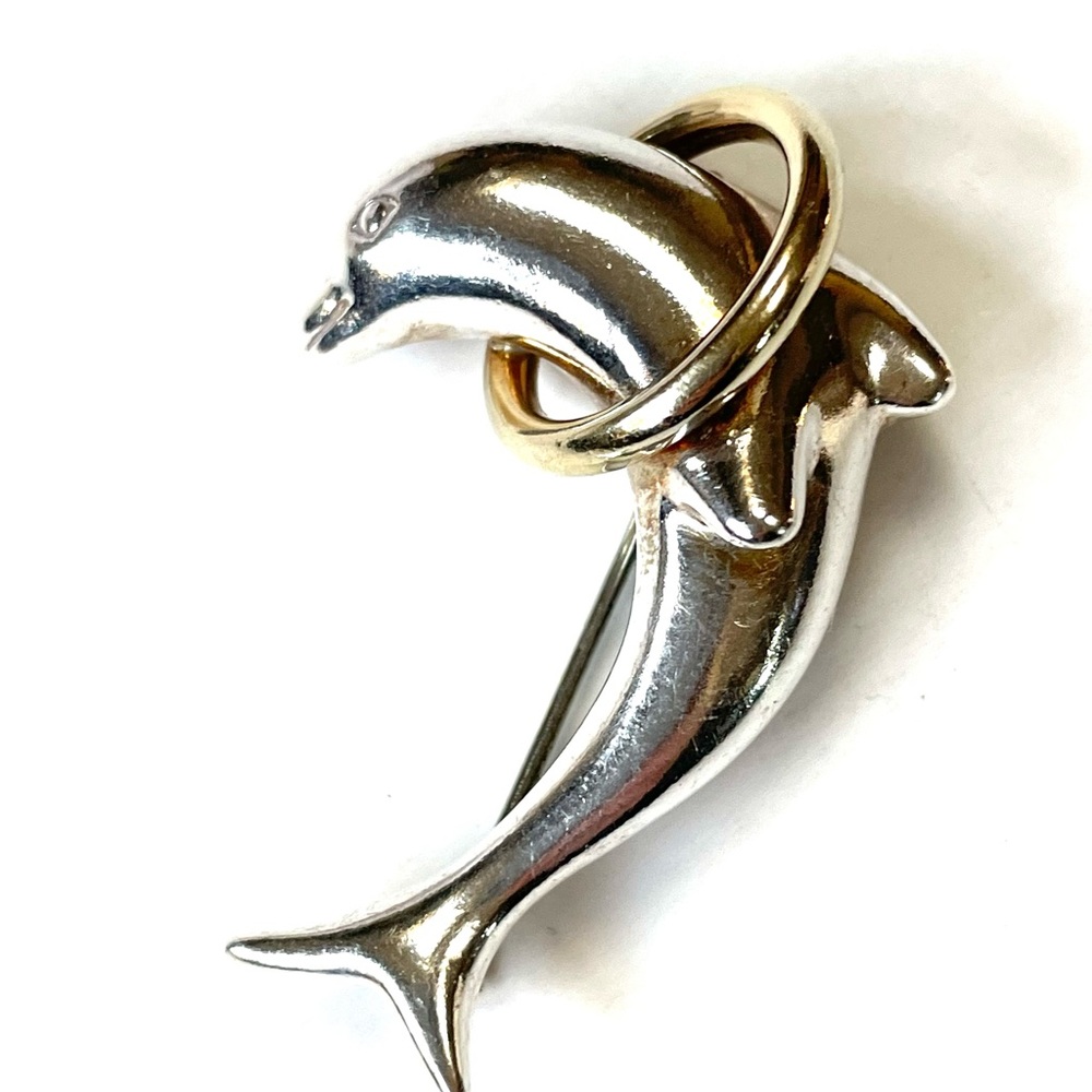 Vintage Tiffany, sterling silver, 28K gold Dolphin Pin.